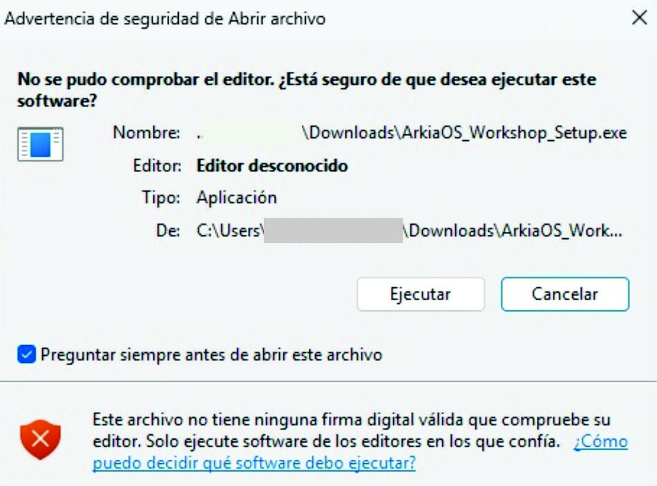 Advertencia de seguridad de Windows al ejecutar ArkiaOS Workshop Setup