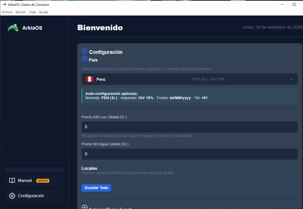 ArkiaOS Gestor de Consumo - Configuración de precios