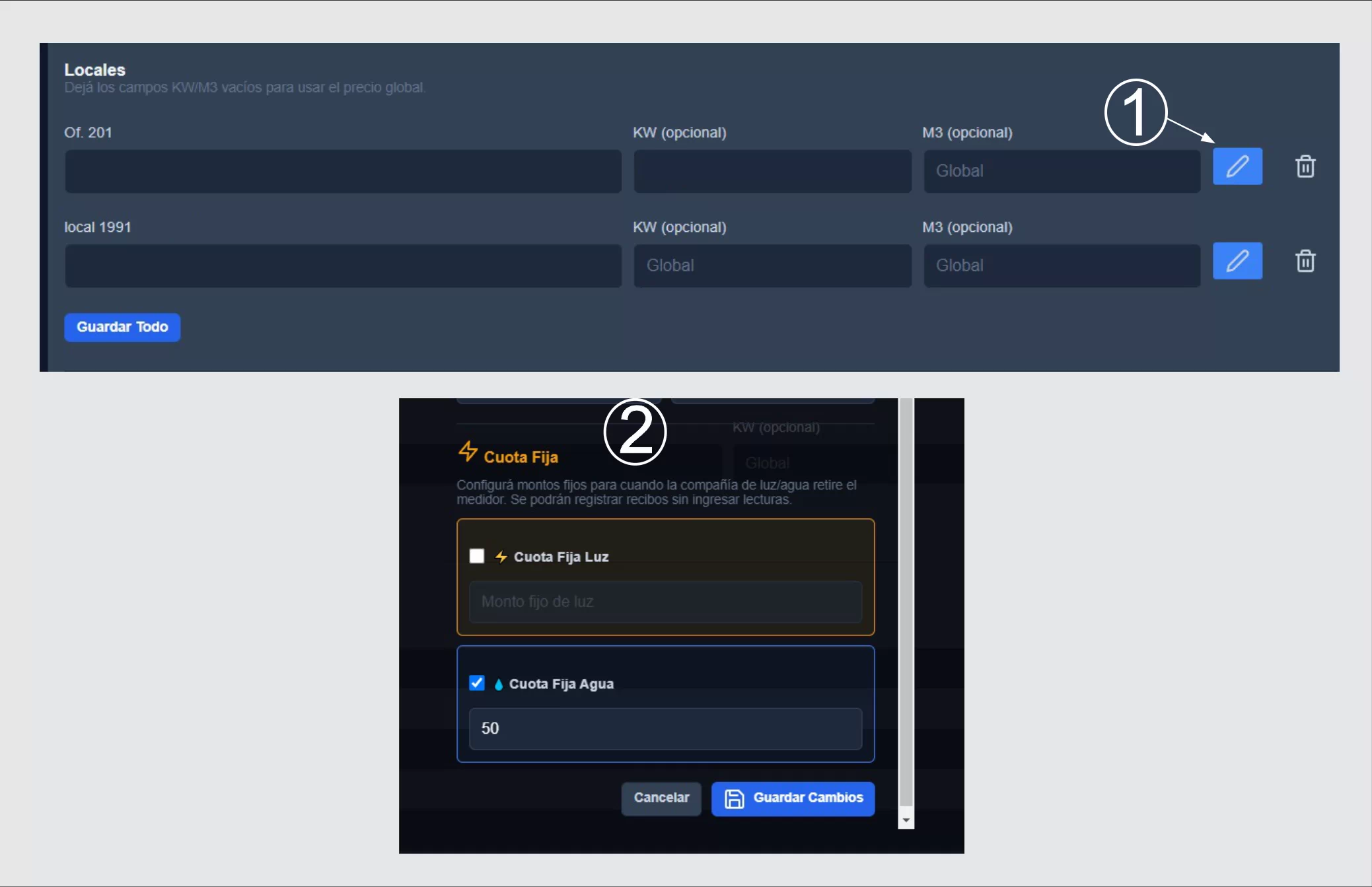 Configuración de cuota fija en edición de local
