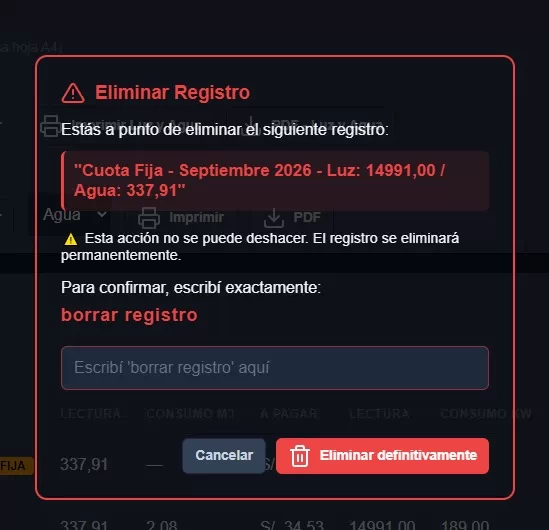 Modal de confirmación para eliminar registro