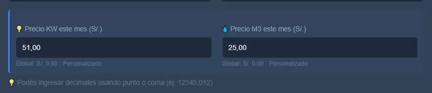 Campos de precio editables en la pantalla de registro