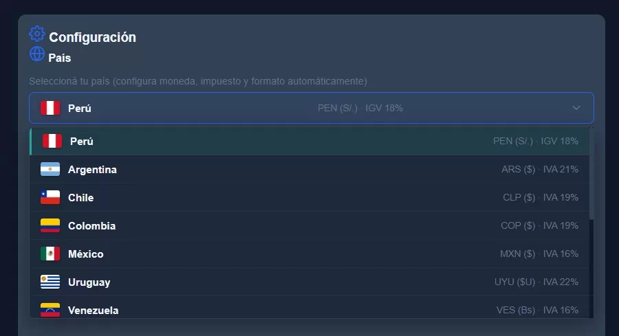 Configuración inicial - Selector de país